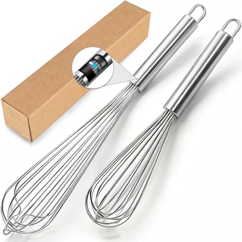 18/10 Stainless Steel Large Whisk Set of 2, 15.5 inch Heavy Duty Long Whisk and 12 inch Whisks, Suitable for Deep Pots o