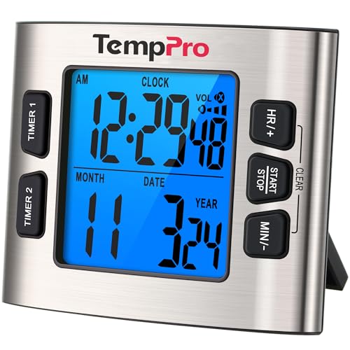 TempPro TM02 24H Digital Timer with Dual Kitchen Timers for Cooking, Magnetic Timer Clock with Adjustable Alarm Volume &