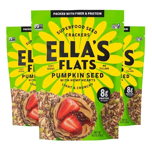 ELLA’S FLATS Pumpkin Seed with Hemp Hearts, All Seed Savory Crisps – All Natural, Gluten Free, Good Source of Protein, H