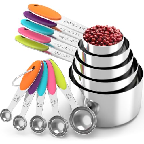 TILUCK Nesting Measuring Cups and Spoons Set, Stainless Steel with Soft Silicone Handle – Heavy Duty & Dishwasher Safe f