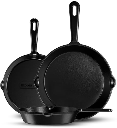 Utopia Kitchen Cast iron Skillets 3 Piece Set, Chefs Pan, Pre Seasoned Cast iron Skillets, 6, 8 & 10 Inches, Easy Use in
