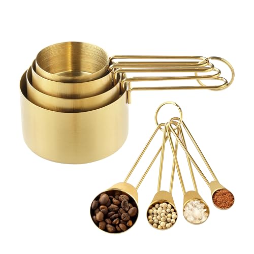 Measuring Cups and Spoons Set, Kaloo 8PCS Stainless Steel Metal Measuring Cups, Gold Finish, Ideal for Cooking and Bakin