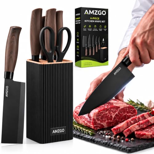 Amzgo Knife Set, 6-Piece Kitchen Knife Set with Block, Utility Knives | High carbon stainless steel ultra-sharp kitchen 
