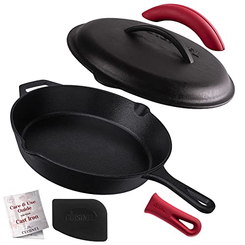 Cuisinel Cast Iron Skillet with Lid - 12"-inch Pre-Seasoned Covered Frying Pan Set + Silicone Handle & Lid Holders + Scr