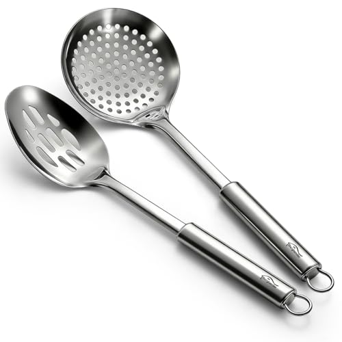Berglander Kitchen Skimmer Slotted Spoons for Straining 2 pcs 13", Stainless Steel Kitchen Spider Strainer Ladle Spoon f
