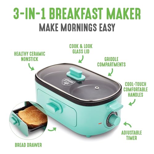 GreenLife 3-in-1 Breakfast Station, Ceramic Nonstick PFAS-Free Dual Griddles for Eggs Meat Pancakes & Sandwiches + 2-Slice Toast Drawer, Healthy Cooking, Timer, Versatile Morning Meal Maker, Turquoise