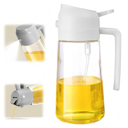 2 in 1 Olive Oil Dispenser Bottle for Kitchen,Oil Sprayer for Cooking, 1.56oz/470ml Premium Glass Oil Bottle, Food-grade Oil Mister for Air Fryer, Salad, Frying, BBQ (White)