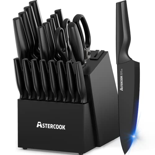 Knife Set, Astercook 21 Pieces Knife Sets for Kitchen with Block, Dishwasher Safe Kitchen Knife Set with Built-in Sharpener, German Stainless Steel Black Knife Block Set