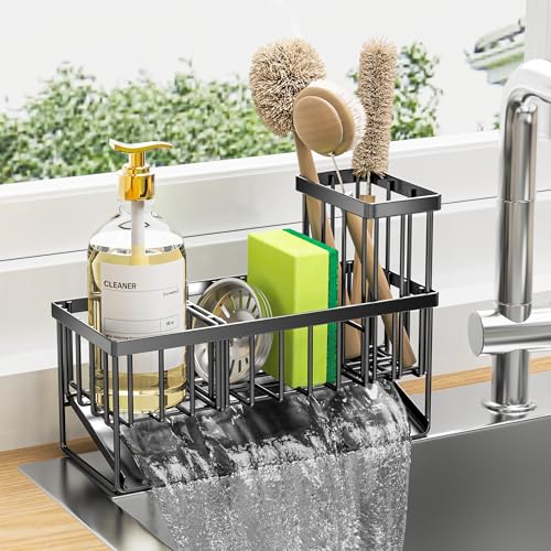 Cisily Kitchen Sink Caddy, Sponge Holder for Kitchen Sink, Kitchen Sink Organzier and Storage with High Brush Holder, Rustproof 304 Stainless Kitchen Gadgets Sink Accessories, Organizadores de Cocina