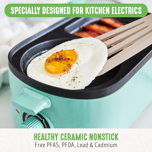 GreenLife 3-in-1 Breakfast Station, Ceramic Nonstick PFAS-Free Dual Griddles for Eggs Meat Pancakes & Sandwiches + 2-Slice Toast Drawer, Healthy Cooking, Timer, Versatile Morning Meal Maker, Turquoise