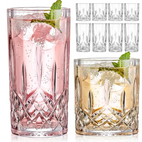 Qipecedm Drinking Glasses, 8 Piece Crystal Glass Cups, Mixed Glassware Set, 4 pcs Crystal Old Fashioned 11oz Highballs and 4 pcs 11oz Whiskey Glasses, Great for Cocktail, Whisky and other Beverages