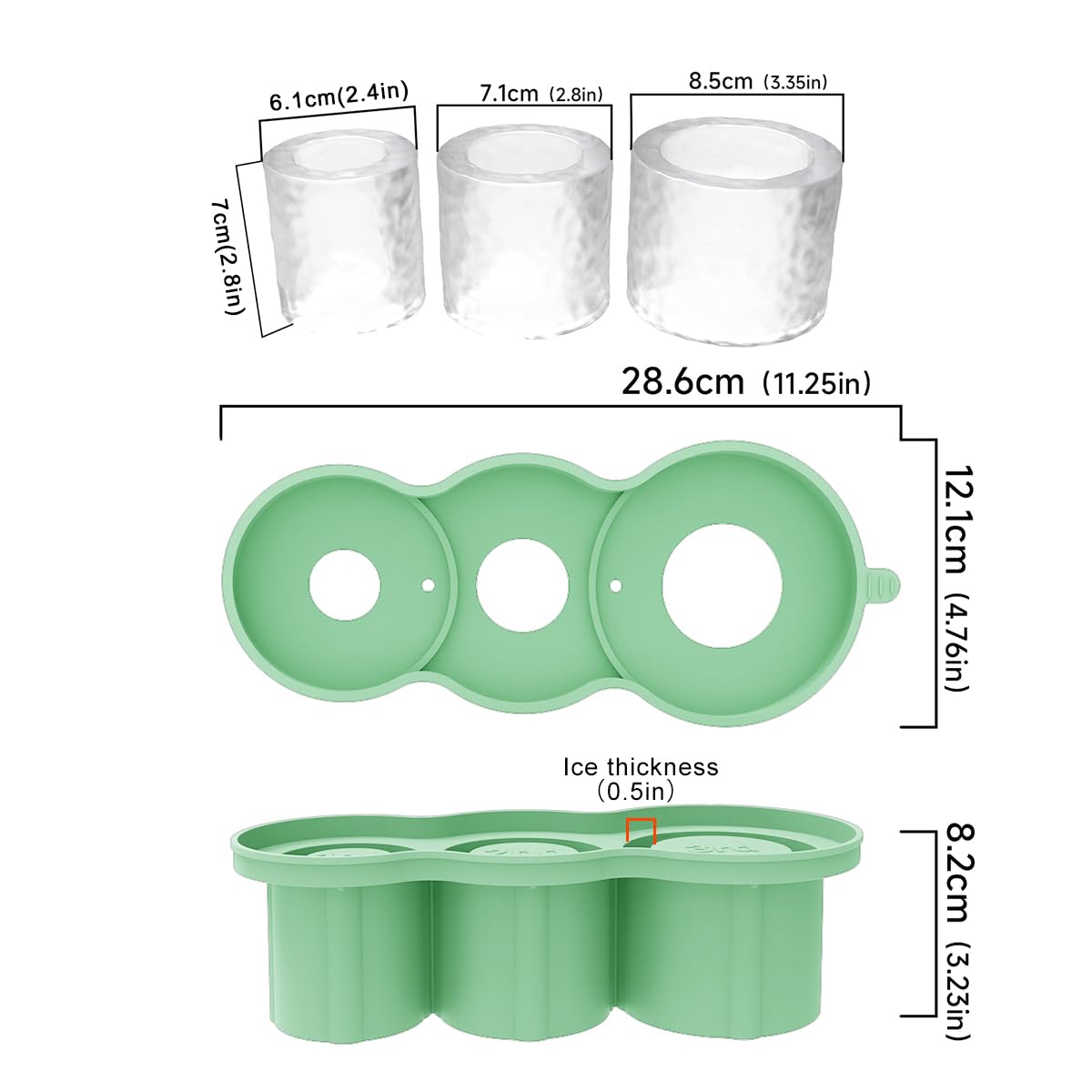 Jeniulet Ice Cube Tray 3 Different sizes Durable Stackable Silicone Cylinder Ice Cube Mold for 20oz 30oz 40oz Tumbler with Lid, Ice Tong and Brush for freezer, Chilling Cocktails,Whiskey, BPA Free