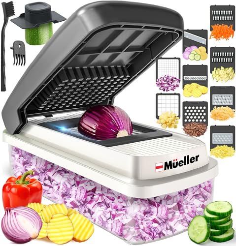 Mueller Vegetable Chopper 9 Blade, Mandoline Slicer, Veggie Chopper, Cheese Grater, Onion Chopper Vegetable Cutter, Dicer, Food Chopper with Container, Kitchen Gadgets & Essentials, White Sand/Grey