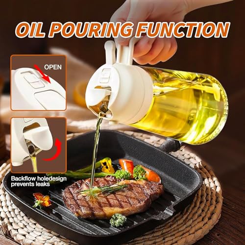 2 in 1 Olive Oil Dispenser Bottle for Kitchen,Oil Sprayer for Cooking, 1.56oz/470ml Premium Glass Oil Bottle, Food-grade Oil Mister for Air Fryer, Salad, Frying, BBQ (White)