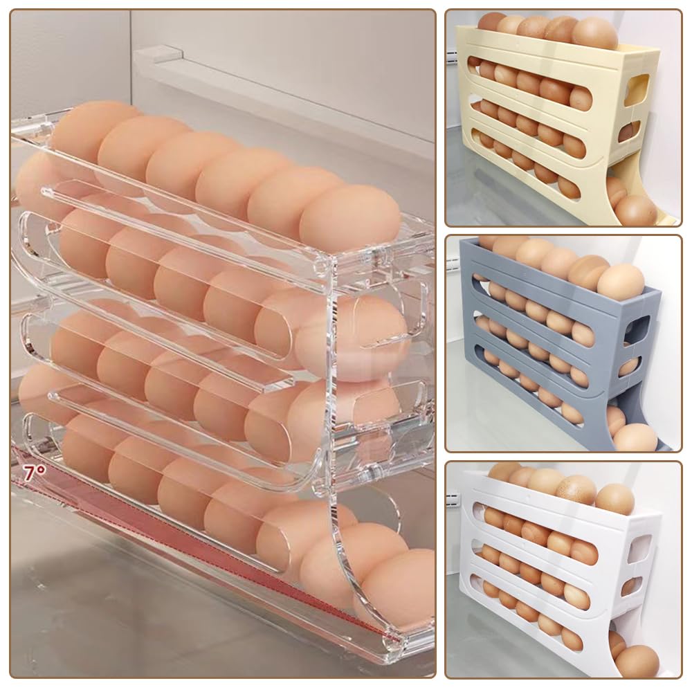 4 Tiers Egg Holder for Fridge, 2024 New Automatic Scrolling Egg Rack Holder, Space-Saving Egg Dispenser Holder, Large Capacity Eggs Organizer Storage 30 Egg for Fridge, Kitchen (Transparent, 1PCS)