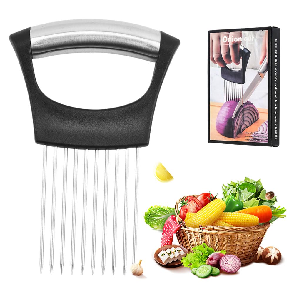 2024 New Stainless Steel Onion Slice Holder, Multifunctional Onion Slicer Chopper Vegetable Cutter, Premium Avocados Lemon Potato Tomato Carrots and Other Vegetable Fixing Slicer (1)