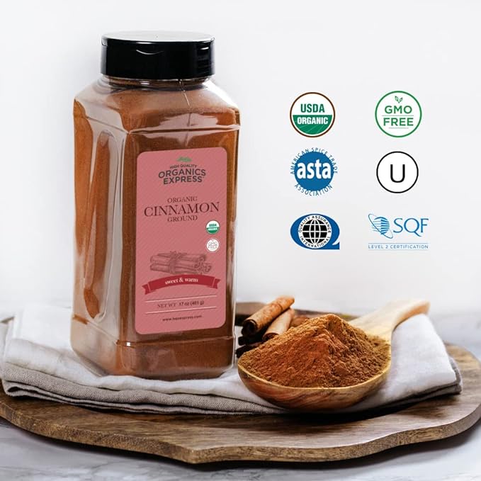 HQOExpress Organic Ground Cinnamon Powder - USDA Certified Organic - Gluten-Free - Keto Friendly - Non-GMO - Kosher - Sustainably Grown - 17oz Chef Jar