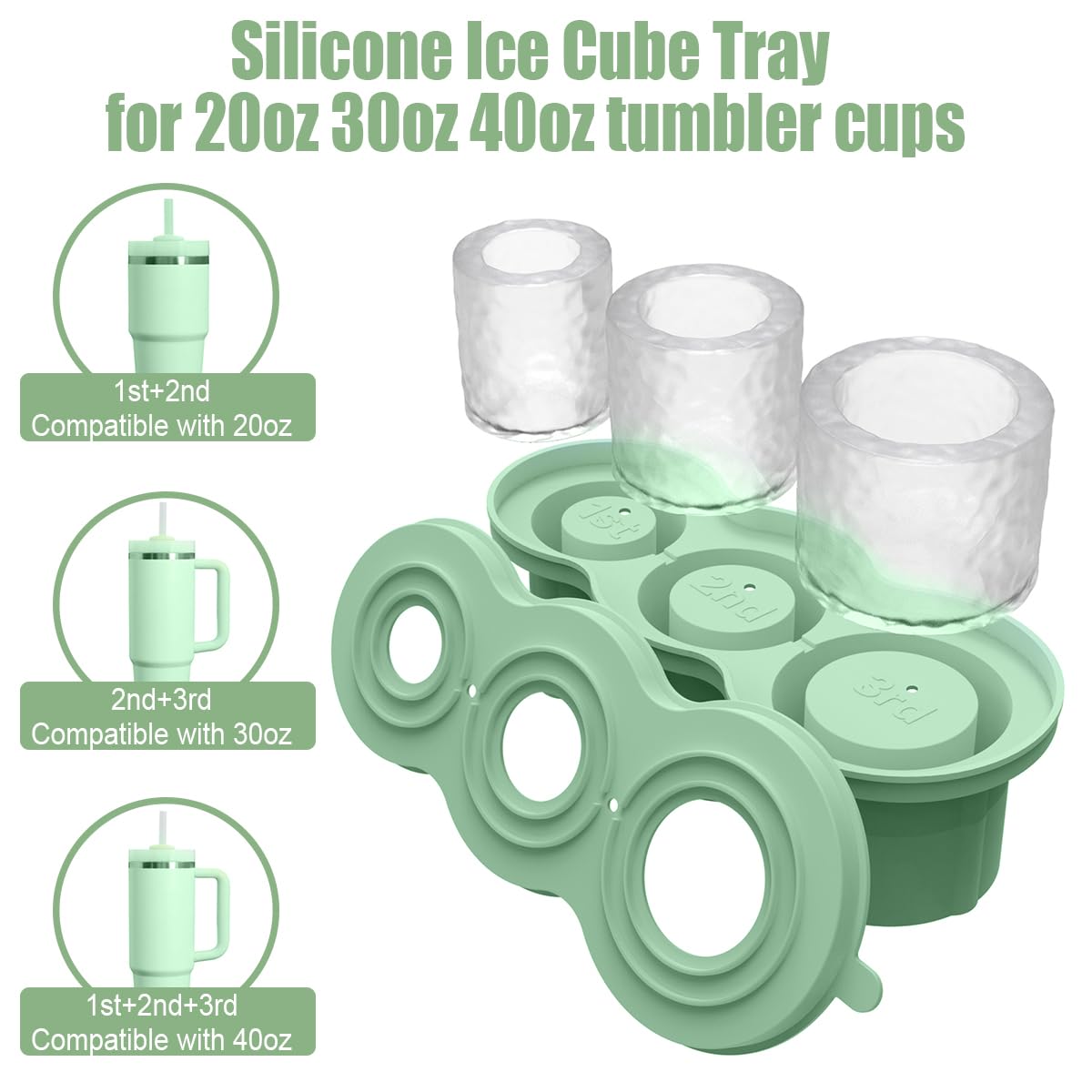 Jeniulet Ice Cube Tray 3 Different sizes Durable Stackable Silicone Cylinder Ice Cube Mold for 20oz 30oz 40oz Tumbler with Lid, Ice Tong and Brush for freezer, Chilling Cocktails,Whiskey, BPA Free