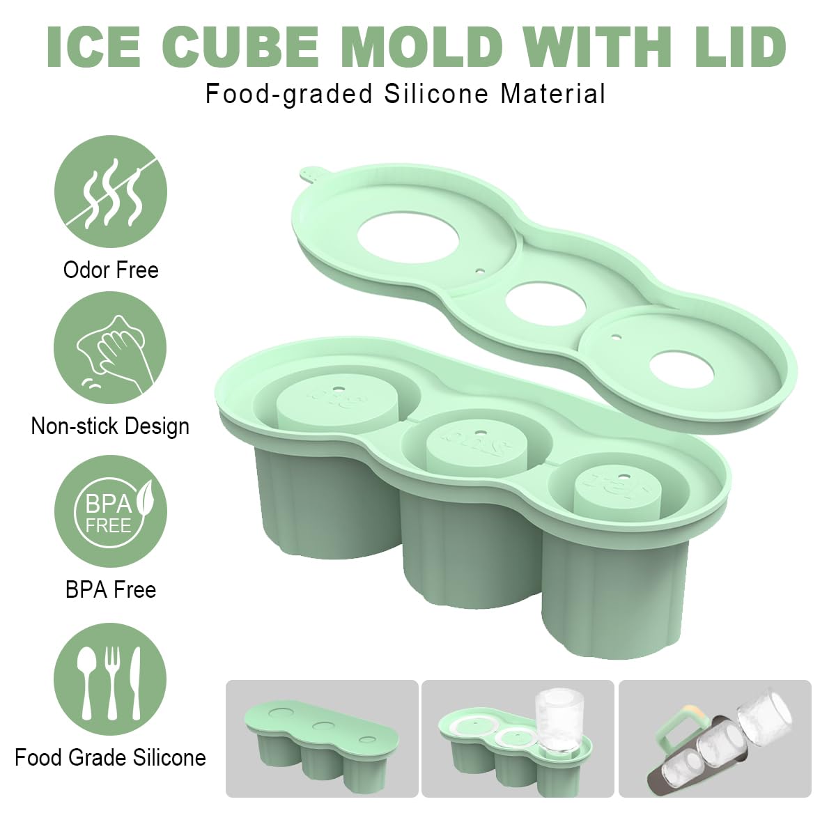 Jeniulet Ice Cube Tray 3 Different sizes Durable Stackable Silicone Cylinder Ice Cube Mold for 20oz 30oz 40oz Tumbler with Lid, Ice Tong and Brush for freezer, Chilling Cocktails,Whiskey, BPA Free