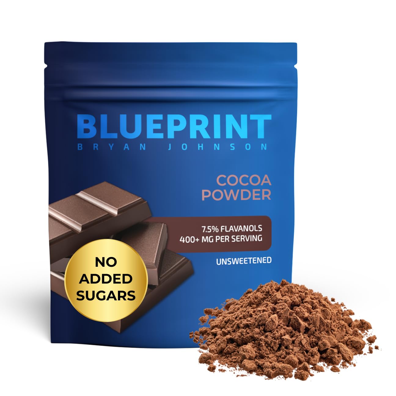 Blueprint Bryan Johnson Non Dairy Cocoa Powder - 7.5% Flavanols, 100% Pure Cocoa, Low Fat Unsweetened Cocoa, Undutched, Keto Friendly, Great for Baking & Cooking, Tested for Heavy Metals (12 Ounces)