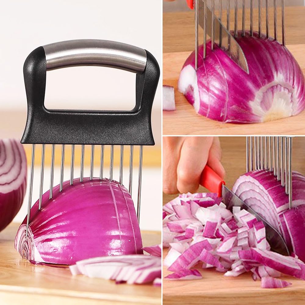 2024 New Stainless Steel Onion Slice Holder, Multifunctional Onion Slicer Chopper Vegetable Cutter, Premium Avocados Lemon Potato Tomato Carrots and Other Vegetable Fixing Slicer (1)