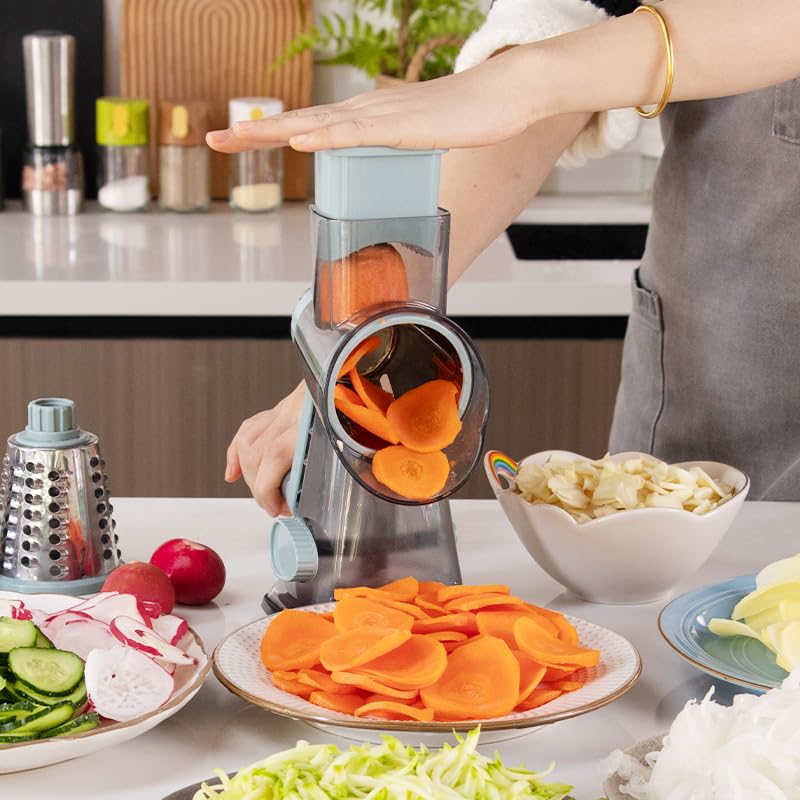 EDEFISY Cheese Grater Hand Crank Rotary Cheese Grater with Handle,3-in-1 Cheese Shredder with Interchangeable Blades and Strong Suction Base Multifunctional Grater for Kitchen