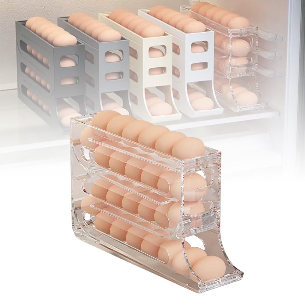 4 Tiers Egg Holder for Fridge, 2024 New Automatic Scrolling Egg Rack Holder, Space-Saving Egg Dispenser Holder, Large Capacity Eggs Organizer Storage 30 Egg for Fridge, Kitchen (Transparent, 1PCS)