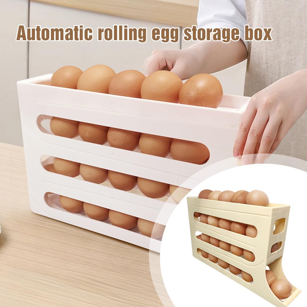 4 Tiers Egg Holder for Fridge, 2024 New Automatic Scrolling Egg Rack Holder, Space-Saving Egg Dispenser Holder, Large Capacity Eggs Organizer Storage 30 Egg for Fridge, Kitchen (Transparent, 1PCS)