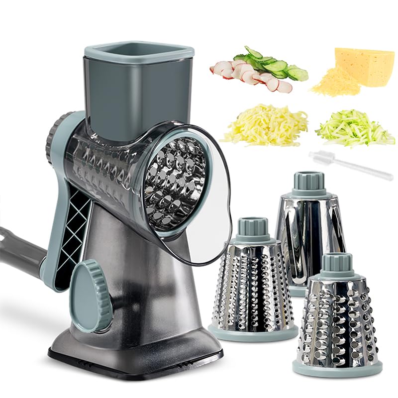 EDEFISY Cheese Grater Hand Crank Rotary Cheese Grater with Handle,3-in-1 Cheese Shredder with Interchangeable Blades and Strong Suction Base Multifunctional Grater for Kitchen