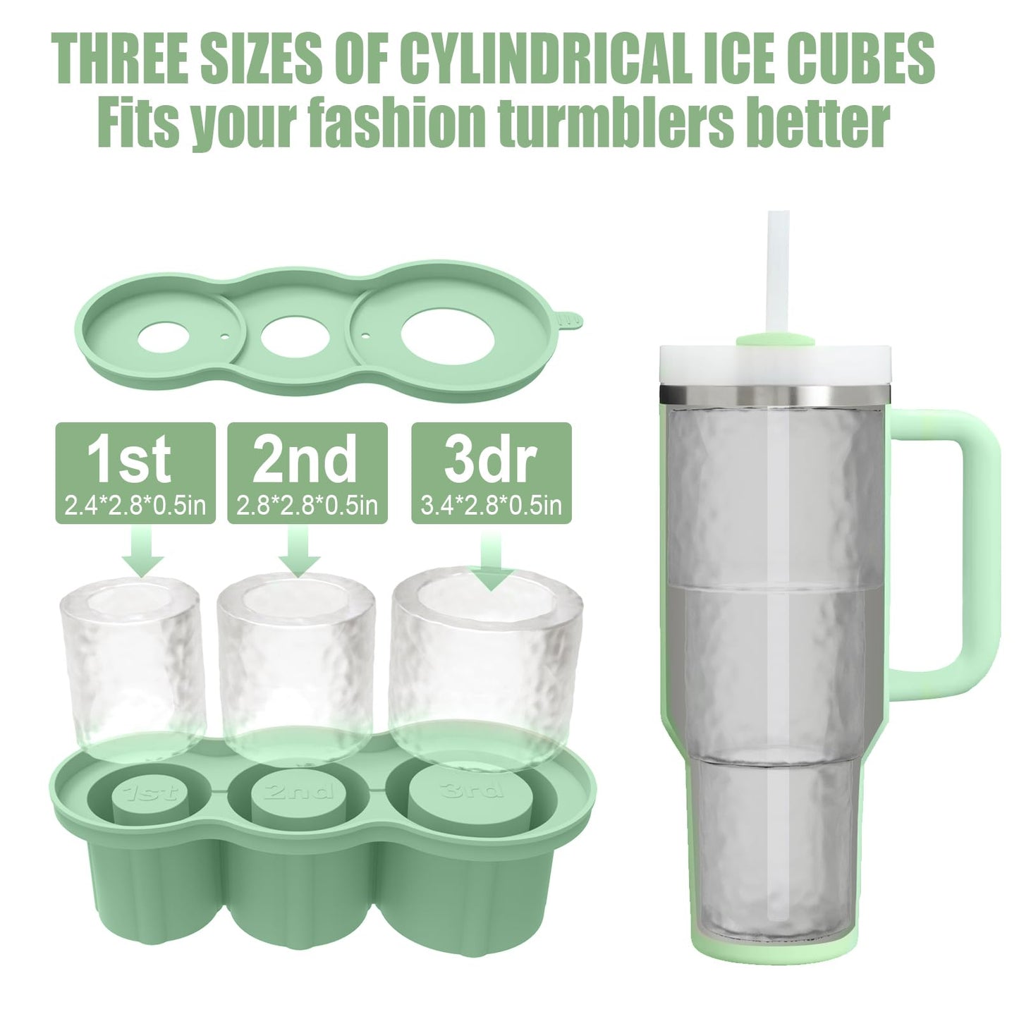 Jeniulet Ice Cube Tray 3 Different sizes Durable Stackable Silicone Cylinder Ice Cube Mold for 20oz 30oz 40oz Tumbler with Lid, Ice Tong and Brush for freezer, Chilling Cocktails,Whiskey, BPA Free