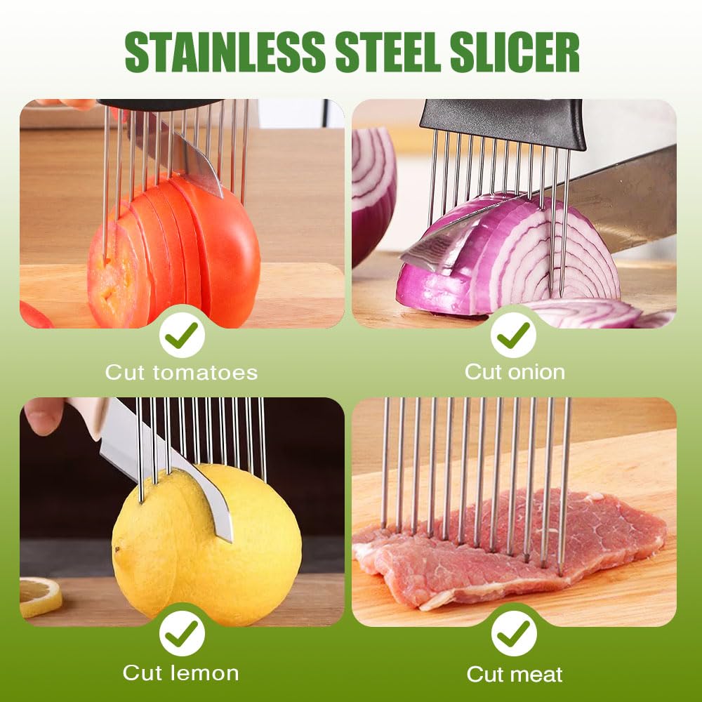 2024 New Stainless Steel Onion Slice Holder, Multifunctional Onion Slicer Chopper Vegetable Cutter, Premium Avocados Lemon Potato Tomato Carrots and Other Vegetable Fixing Slicer (1)