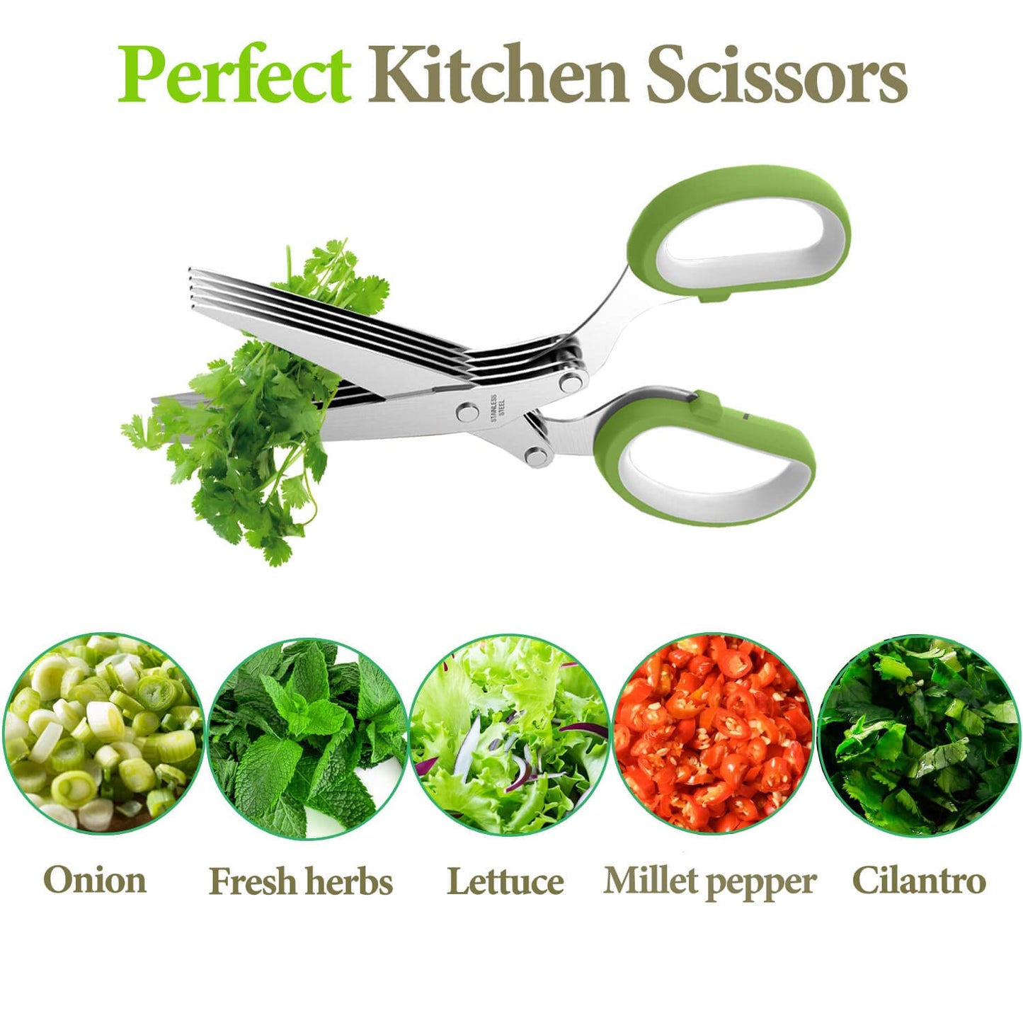 Herb Scissors, Kitchen Herb Shears Cutter with 5 Blades and Cover, Sharp Dishwasher Safe Kitchen Gadget - Green