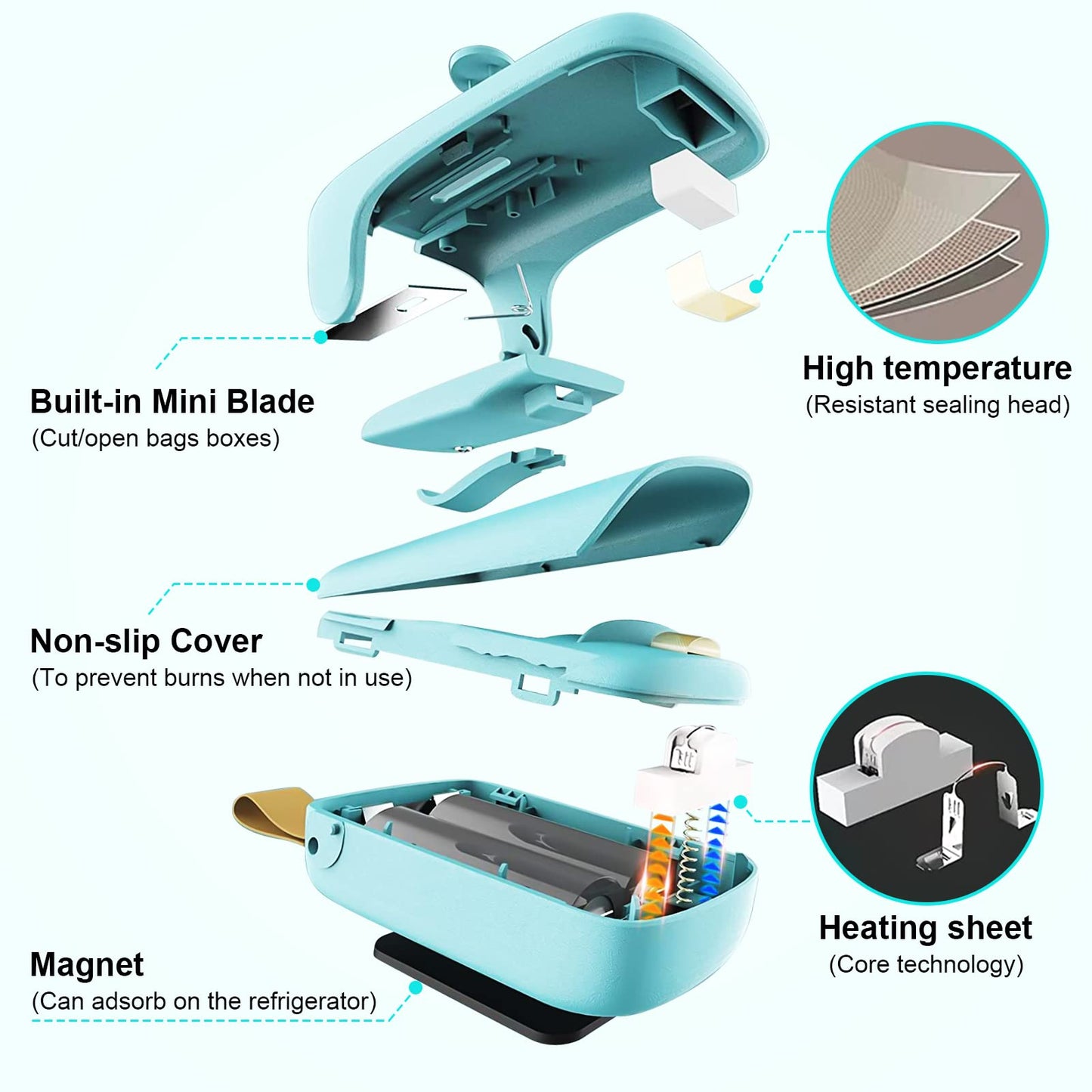 Mini Kenossion Chip Bag Sealer - Heat Seal with Cutter & Magnet, Portable Mini Sealing Machine to Reseal Plastic Bags & Keep Snacks Fresh (2xAA Batteries Included)