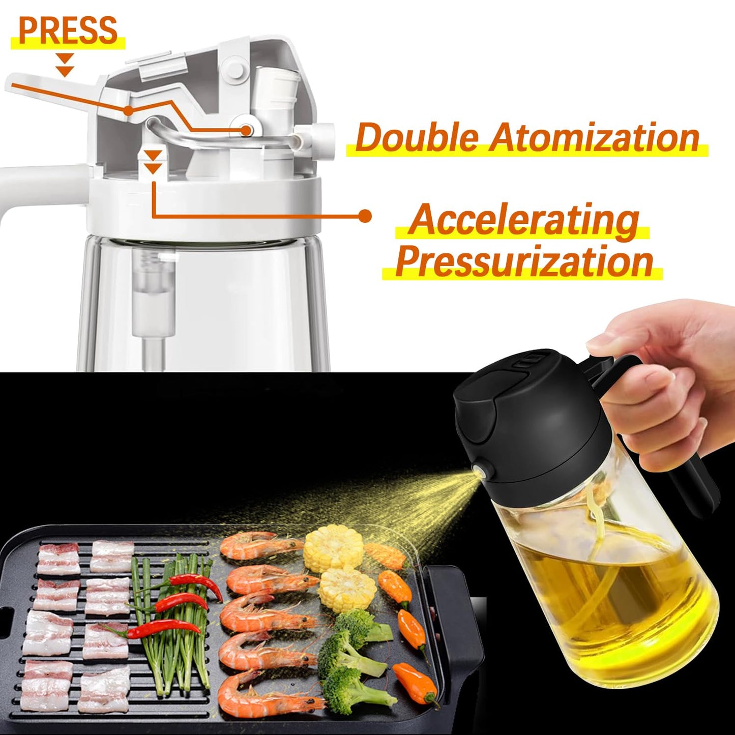 2 in 1 Oil Dispenser and Oil Sprayer,16OZ Olive Oil Sprayer for Cooking,Oil Dispenser for Kitchen, Oil Dispenser Spray and Pour Olive Oil Dispenser,Cooking Oil Sprayer for Salad, Fry, BBQ(black)