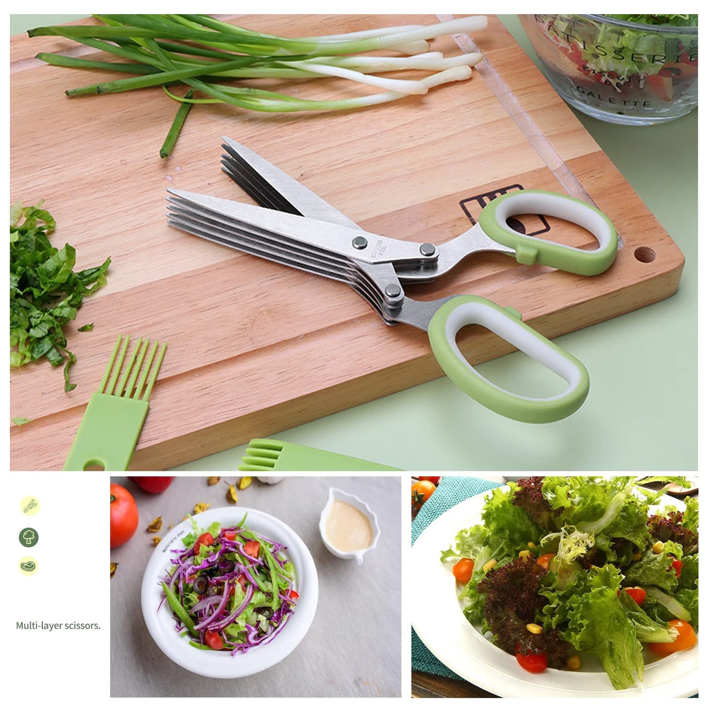 AWinjoy Herb Scissors Set,Multipurpose 5 Blade Kitchen Herb Cutter with Safety Cover and Cleaning Comb for Cutting Shredded Lettuce, Cilantro Fresh, Green Onion Fresh and etc.