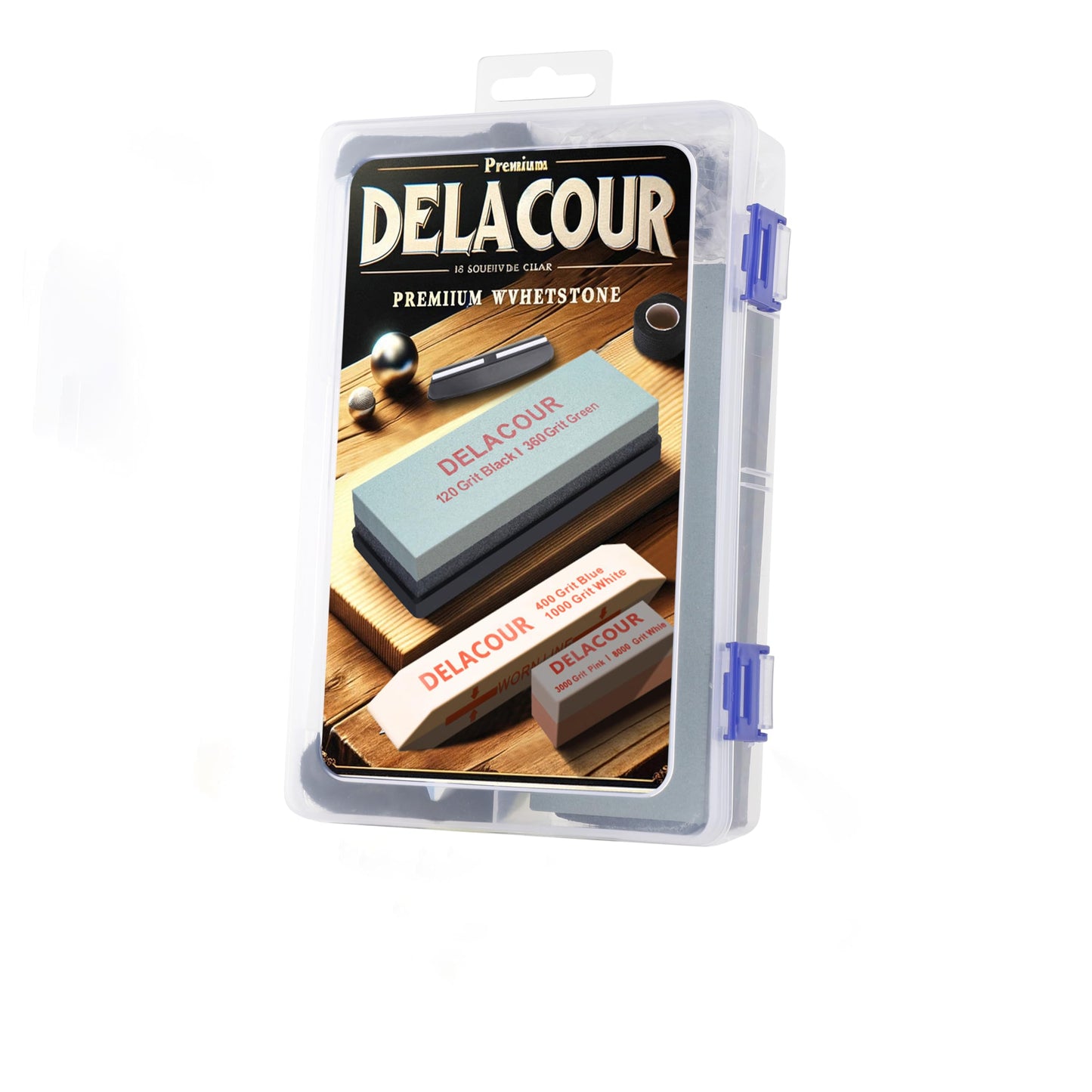 Delacour 7pcs sets Knife Sharpening Stone Kit, including 3pcs Dual Grit Whetstone White Corundum, Angle Guide,Self Adherent Cohesive Bandage and Cleaning Cloth,Polishing Combination