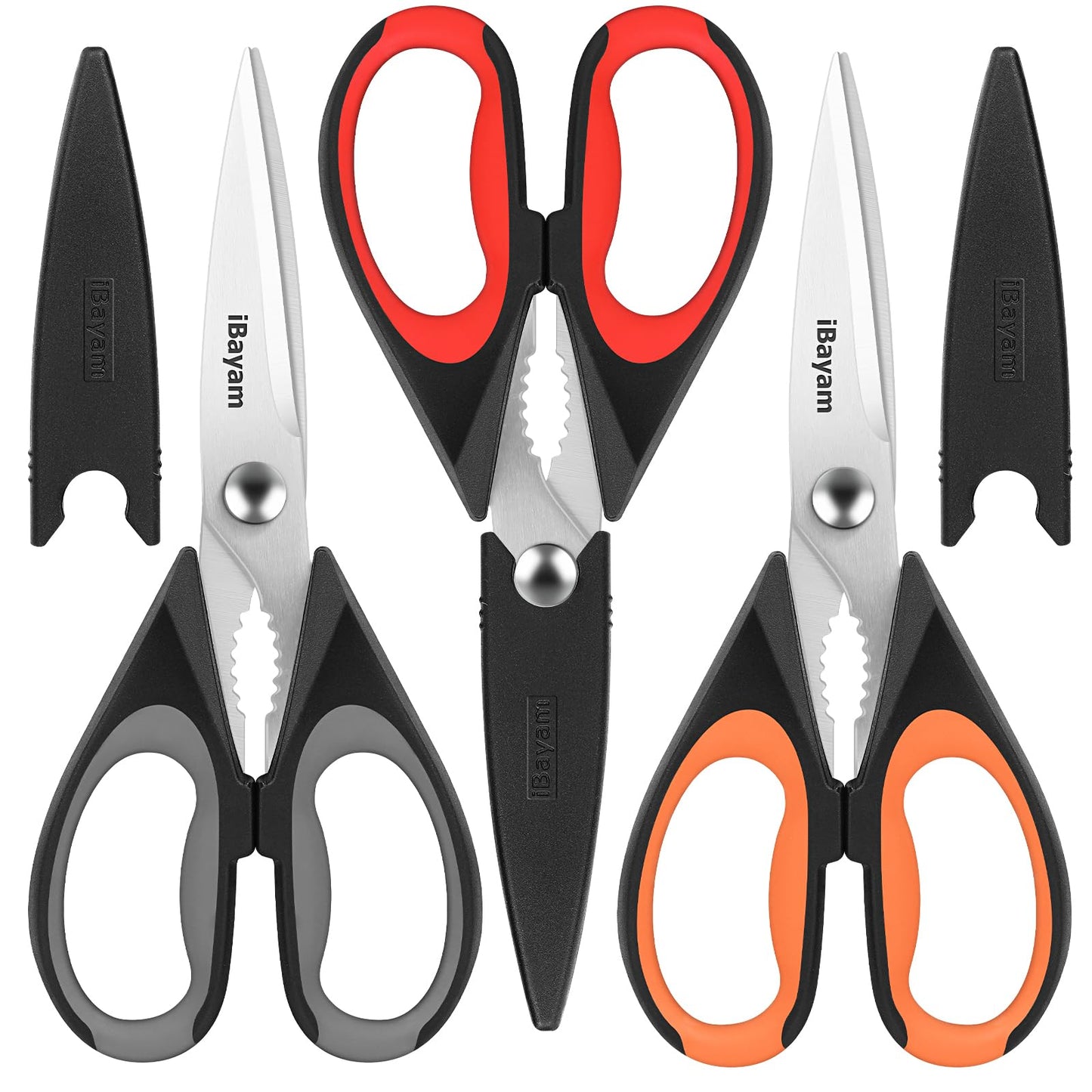 iBayam 3-Pack Kitchen Scissors All Purpose Kitchen Shears Heavy Duty Scissors with Protective Sheath for Food, 8.5" Comfort Grip Stainless Steel Dishwasher Safe Cooking Scissors, Kitchen Utensils