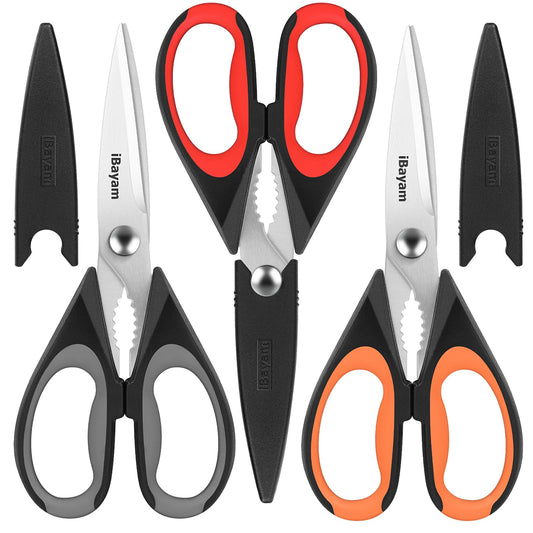 iBayam 3-Pack Kitchen Scissors All Purpose Kitchen Shears Heavy Duty Scissors with Protective Sheath for Food, 8.5" Comfort Grip Stainless Steel Dishwasher Safe Cooking Scissors, Kitchen Utensils