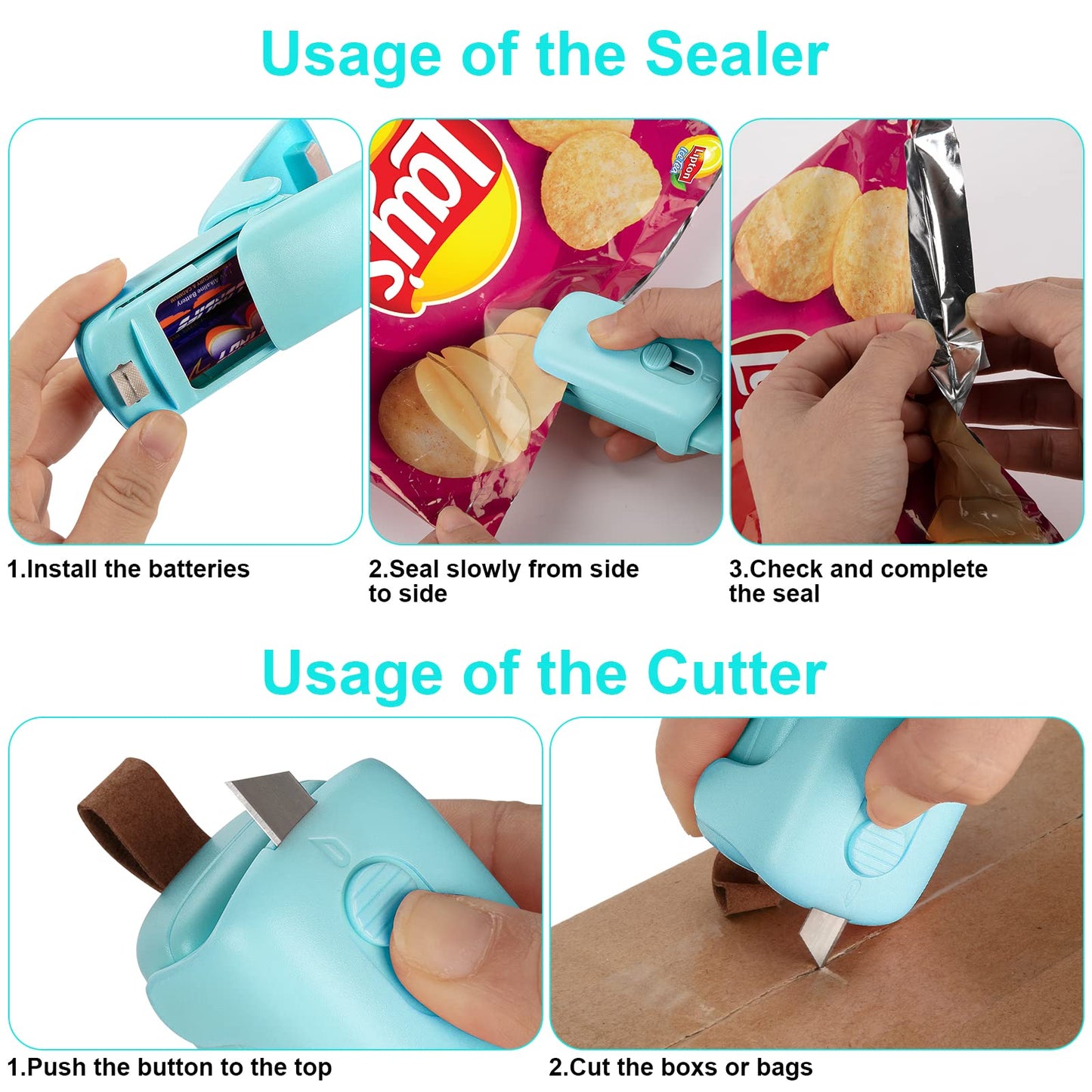 Mini Kenossion Chip Bag Sealer - Heat Seal with Cutter & Magnet, Portable Mini Sealing Machine to Reseal Plastic Bags & Keep Snacks Fresh (2xAA Batteries Included)