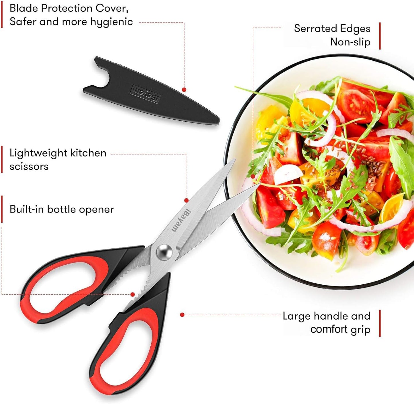 iBayam 3-Pack Kitchen Scissors All Purpose Kitchen Shears Heavy Duty Scissors with Protective Sheath for Food, 8.5" Comfort Grip Stainless Steel Dishwasher Safe Cooking Scissors, Kitchen Utensils