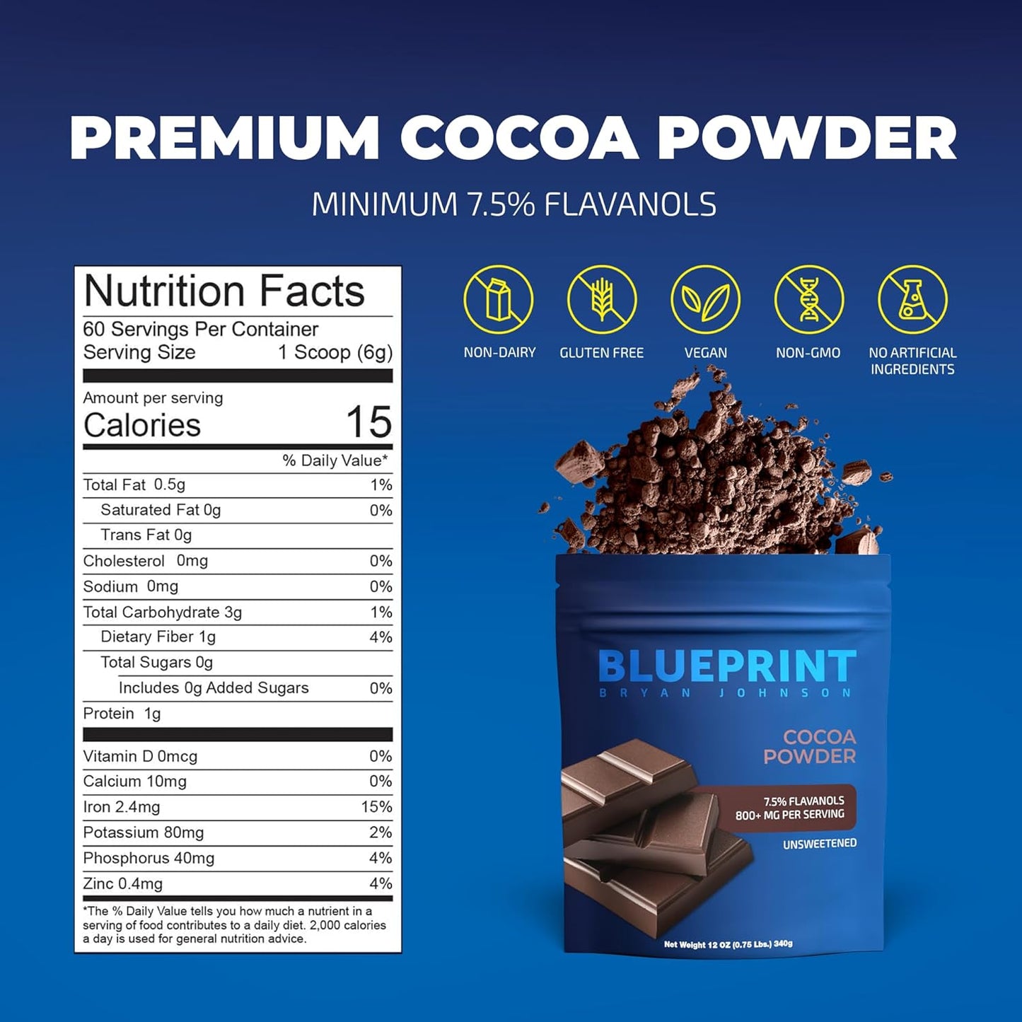 Blueprint Bryan Johnson Non Dairy Cocoa Powder - 7.5% Flavanols, 100% Pure Cocoa, Low Fat Unsweetened Cocoa, Undutched, Keto Friendly, Great for Baking & Cooking, Tested for Heavy Metals (12 Ounces)