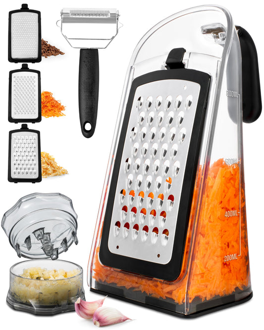 Cheese Grater with Garlic Crusher - Box Grater Cheese Shredder - Cheese Grater with Handle - Graters for Kitchen Stainless Steel Food Grater - Garlic Mincer Tool and Vegetable Peeler