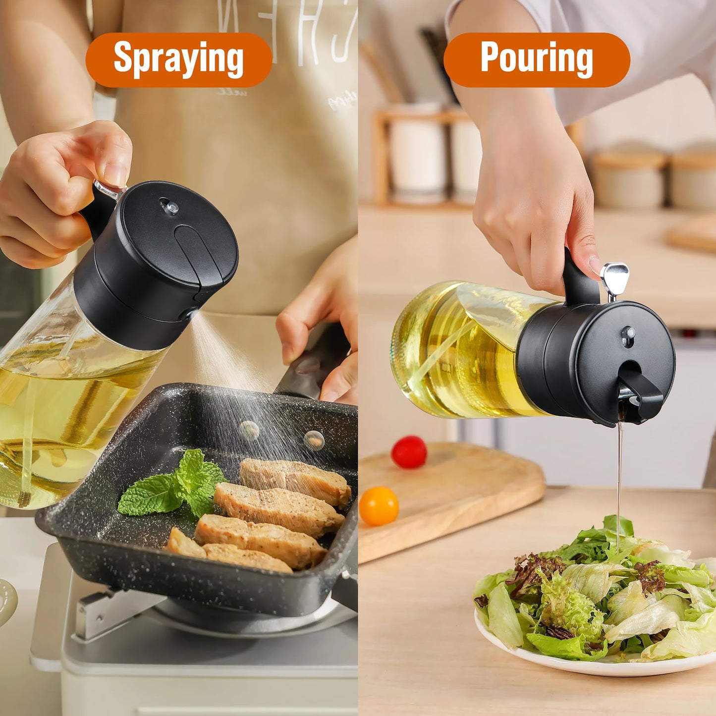 hoforife Glass Olive Oil Dispenser Bottle & Oil Sprayer Bottle 2 In 1 for Kitchen Cooking, Auto Flip Cap, 18oz Black