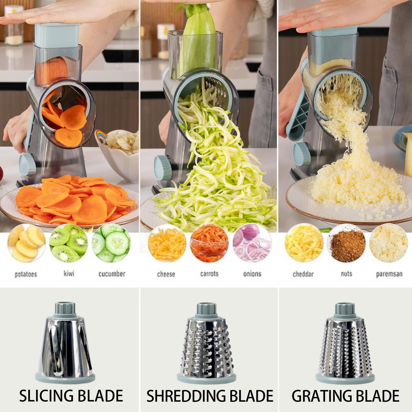 EDEFISY Cheese Grater Hand Crank Rotary Cheese Grater with Handle,3-in-1 Cheese Shredder with Interchangeable Blades and Strong Suction Base Multifunctional Grater for Kitchen