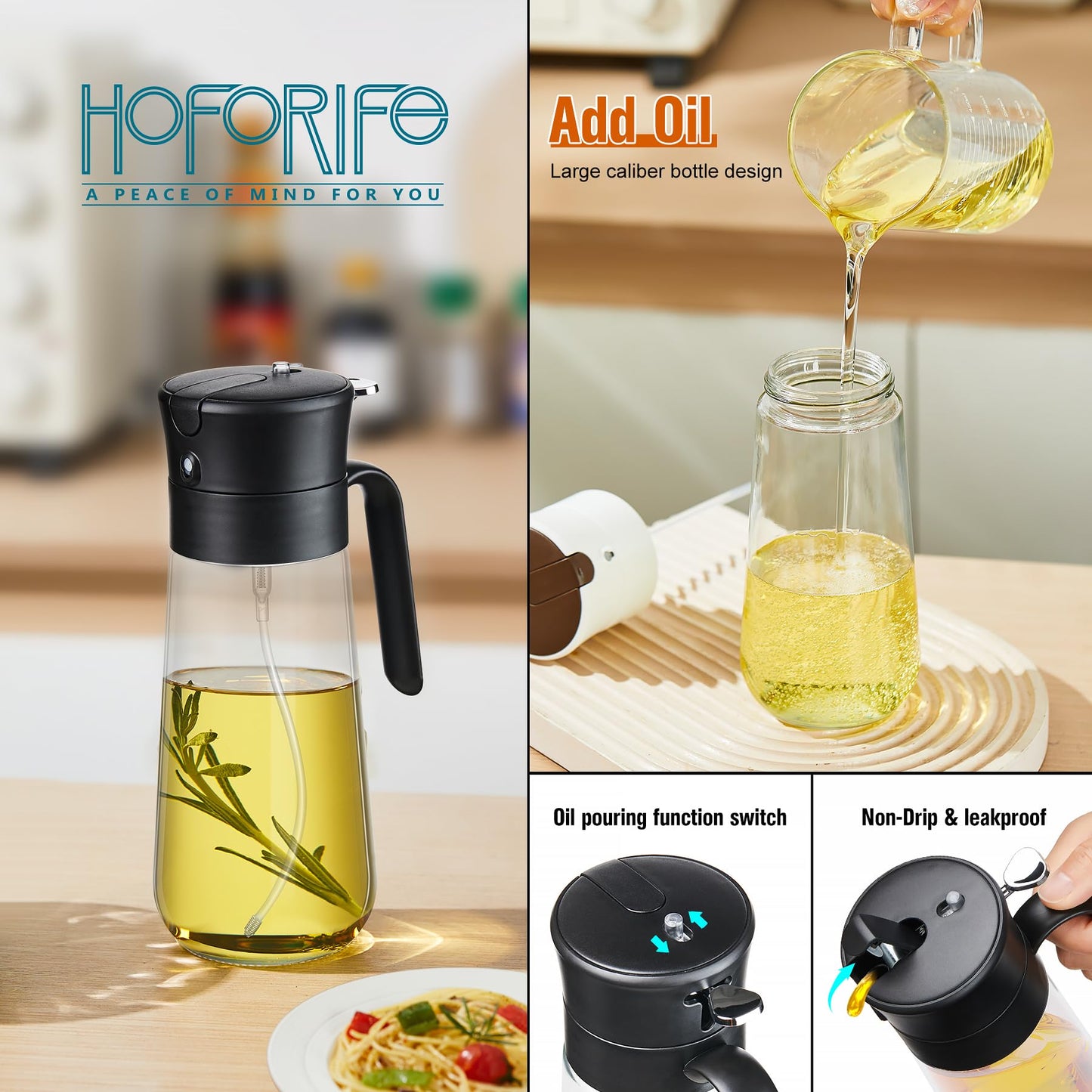 hoforife Glass Olive Oil Dispenser Bottle & Oil Sprayer Bottle 2 In 1 for Kitchen Cooking, Auto Flip Cap, 18oz Black