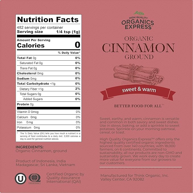 HQOExpress Organic Ground Cinnamon Powder - USDA Certified Organic - Gluten-Free - Keto Friendly - Non-GMO - Kosher - Sustainably Grown - 17oz Chef Jar