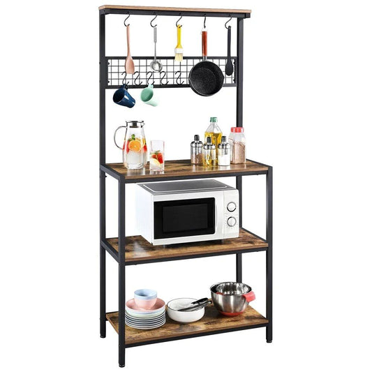 67" Rustic Brown Wooden Kitchen Bakers Rack with Storage Shelves & Hooks
