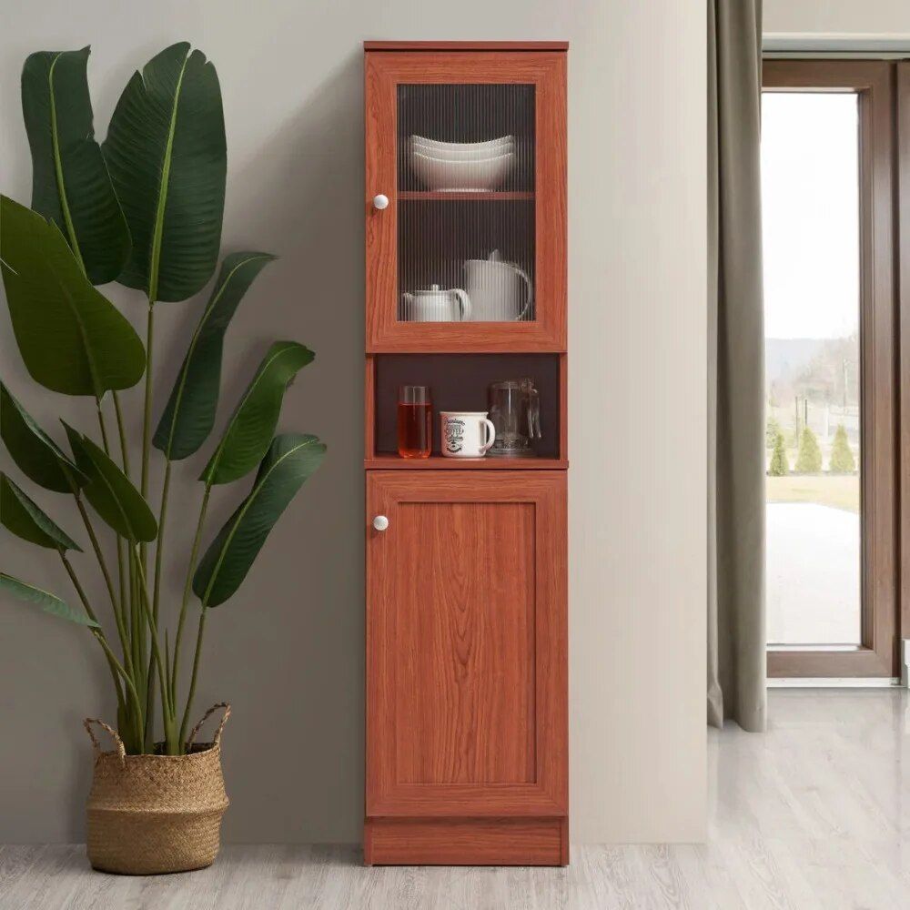 Slim Tall Storage Cabinet with Open Shelf & Enclosed Space for Kitchen and Living Room