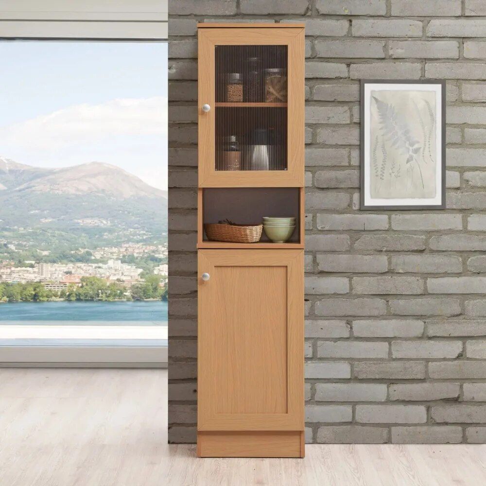Slim Tall Storage Cabinet with Open Shelf & Enclosed Space for Kitchen and Living Room