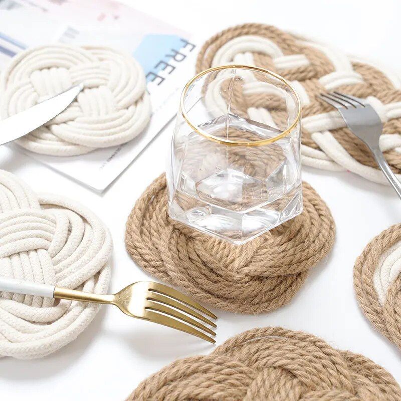 Handmade Woven Cotton & Jute Table Mat Set - Elegant Kitchen Decor